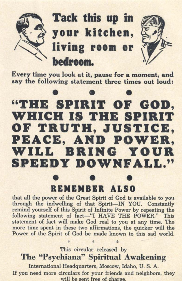 Flyer includes illustrations of Hitler and Mussolini, reminding Psychiana students to say an affirmation and use the Spirit of God against injustice.