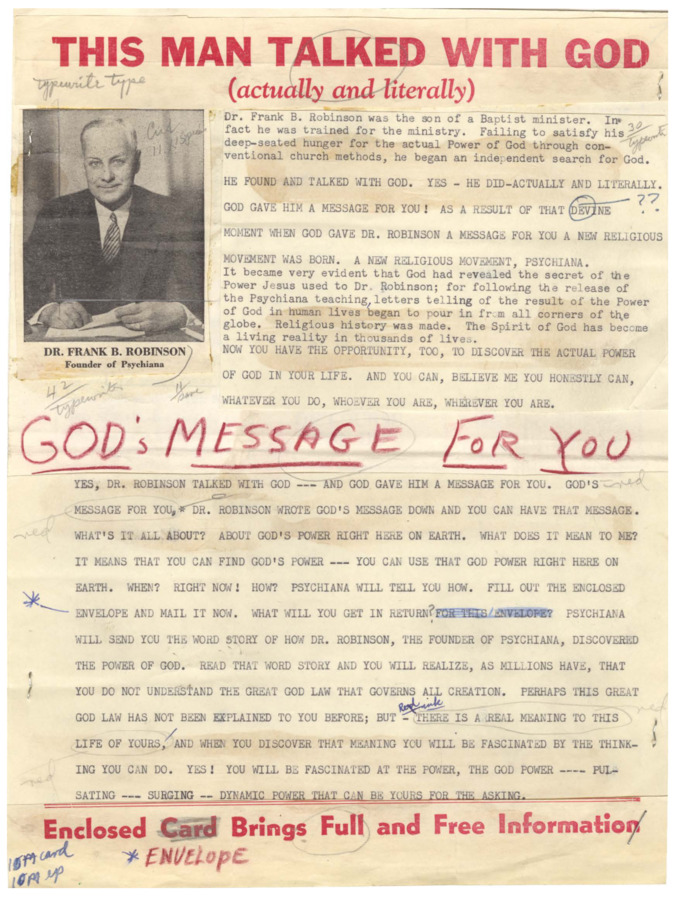 Includes Robinson's flyer about his ability to talk with God and the original rough draft/editorial copy of this flyer with writing in red crayon, a pasted photo, and pasted copy.