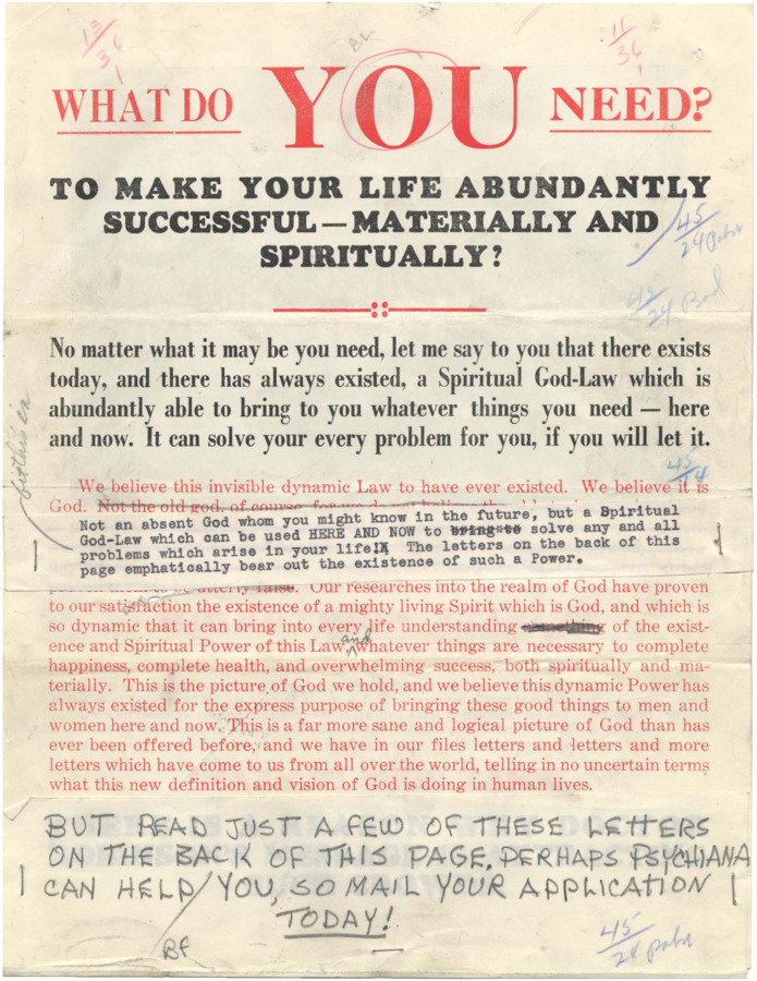 Editorial copy of flyer about material and spiritual success, includes editorial marks, copy cut and stapled in place, and second page crossed out.