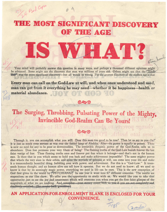 Editorial copy of flyer about the discovery of the God-Power, includes editorial marks.