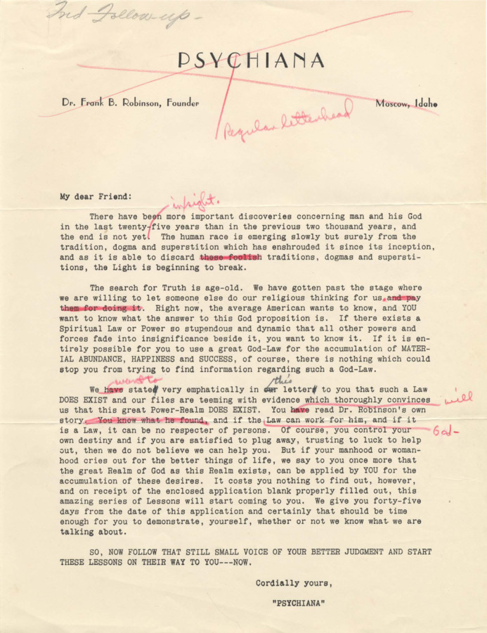 Editorial copy of form letter about the search for Truth, discoveries about God, and the foolishness of old doctrine. Includes editorial marks in red.