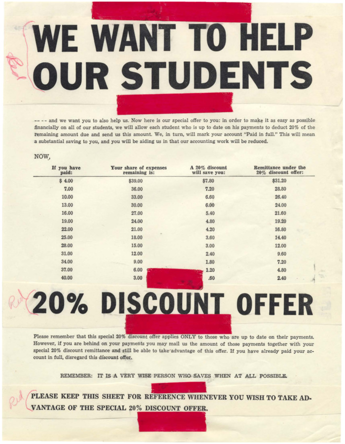 Editorial copy of a flyer offering 20% discounts on 'debts' to Psychiana for materials. Includes headers taped in place with red tape.