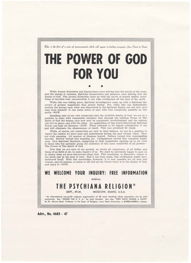 11.5 x 18 inch poster of article using science, the discovery of the atom, and the atom bomb as evidence of the God-Power contained inside people.