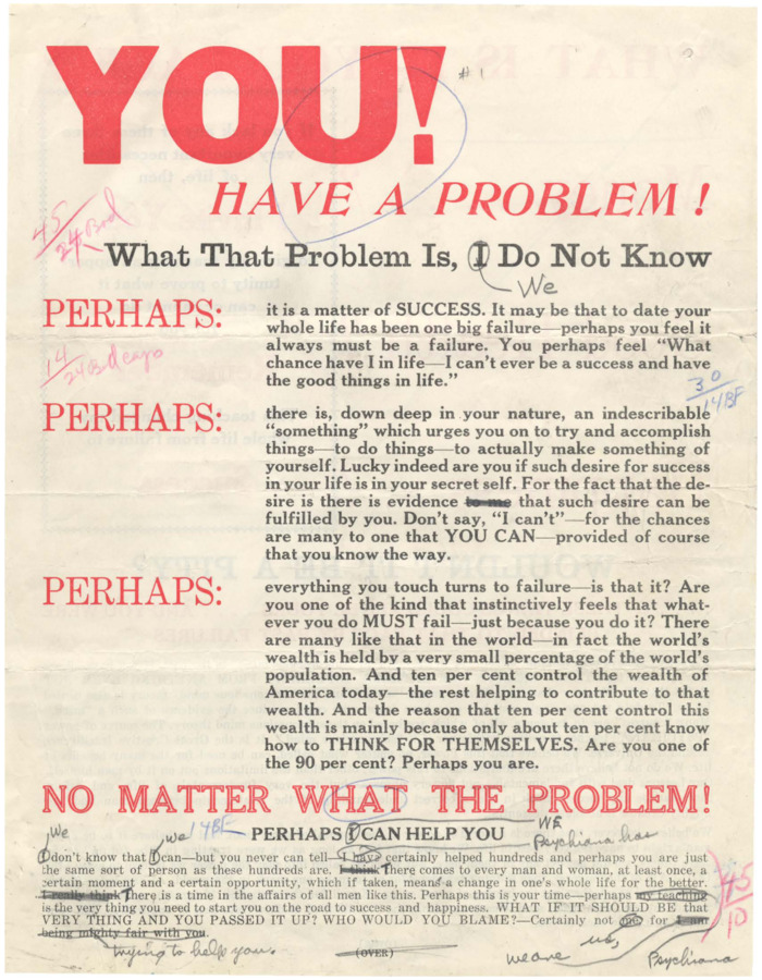 Editorial copy of flyer postulating problems and offering Psychiana as a solution, includes editorial marks in colored pencil. Second page completely crossed out.
