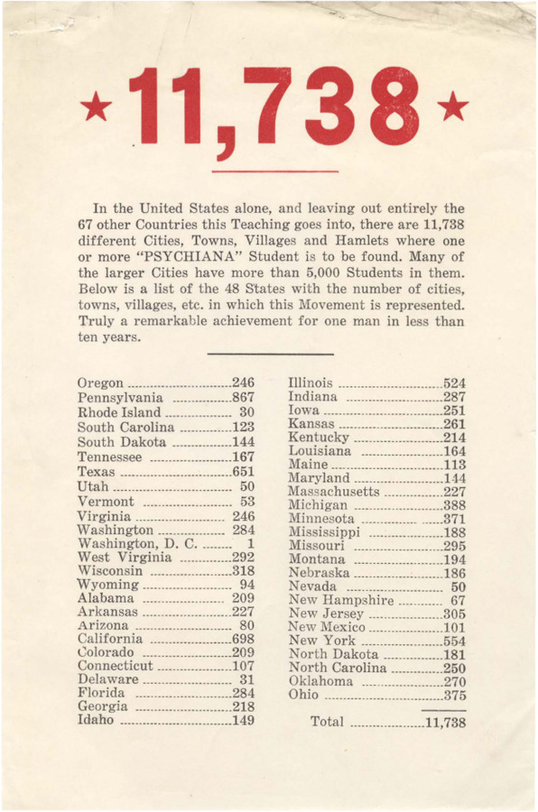 Flyer printed with large bold '11,738' over the header, claiming this is the number of 'American Cities, Towns, Villages, and Hamlets' with Psychiana members. Also lists the names of states with corresponding numbers of cities in those states where Psychiana mails material (i.e. Oregon - 246).