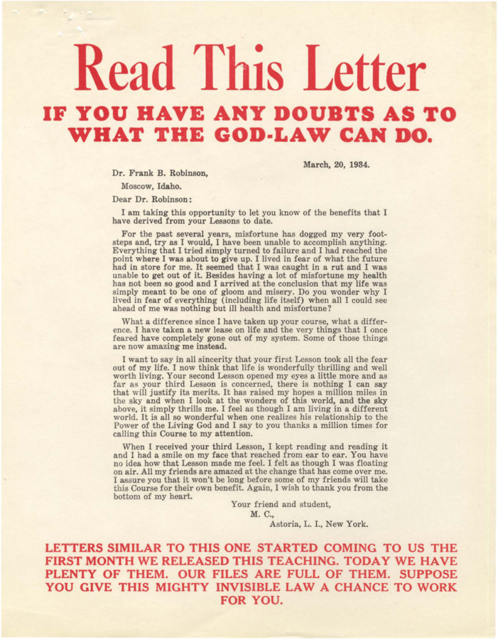 Flyer features the reprint of a letter from a Psychiana student who received the lessons and went from a life of fear, failure, hardship, and misfortune to a life without fear. In bold red ink after this letter, flyer asks readers to let the God-Law work for them.