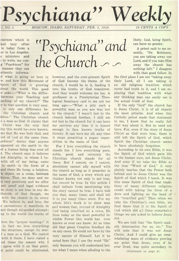 Issue of Psychiana Weekly, scanned from the only bound copy in existence of all 52 issues printed in 1940. Weeklies include articles and information about Psychiana, current events, politics, the war in Europe, and photos as well as advertisements for books, lessons, Psychiana membership, and subscriptions to other Psychiana publications like Psychiana Quarterly.