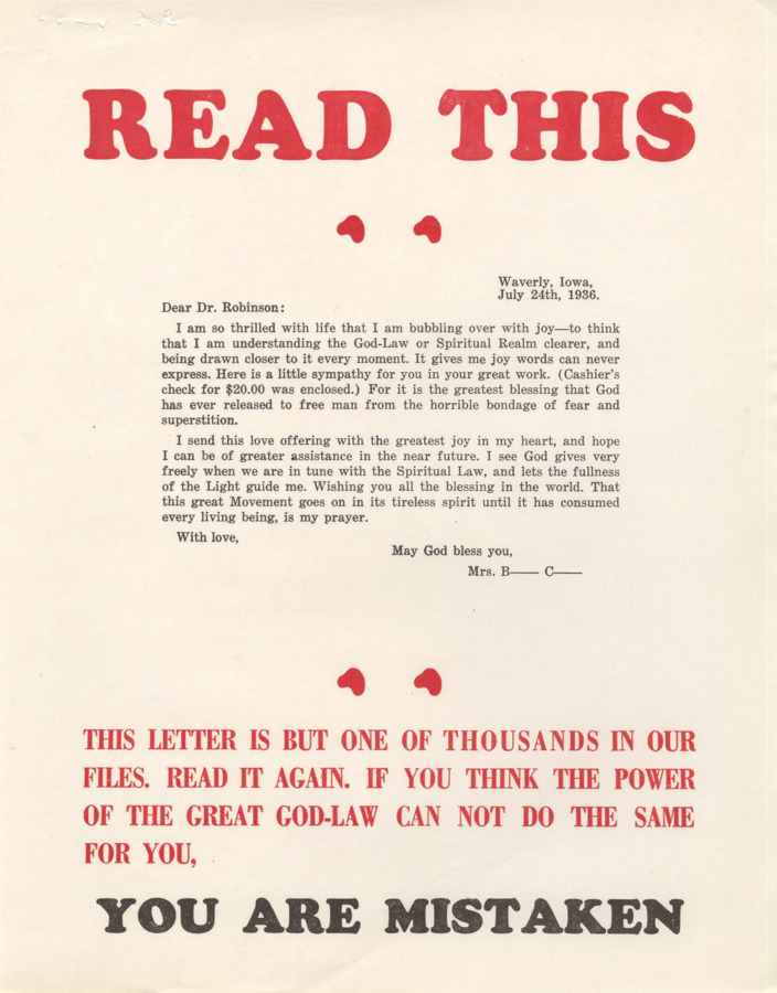 Flyer features reprint of a letter from a Psychiana student thanking Robinson for opening her eyes to the God-Law and God-Realm and has donated $20 in the past and will give freely in the future because the God-Law gives freely. In bold red ink after this letter, readers are told if they don't think the God-Law can do this for them, 'THEY ARE MISTAKEN.'