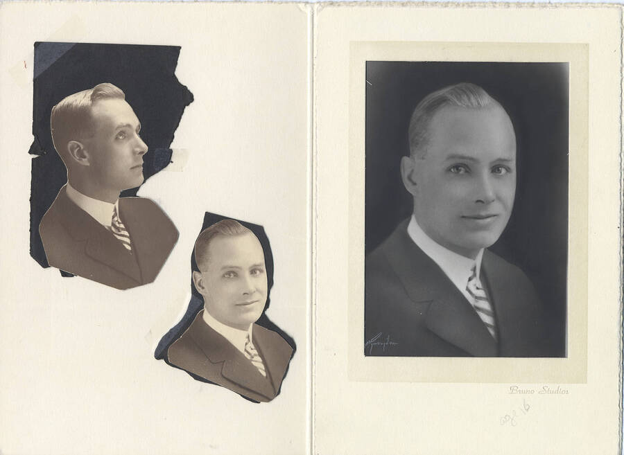 Three portrait photographs of a young Frank B. Robinson, two of which have been cut out, wearing the same suit but posing differently in each photograph. 'Age 16' written in pencil in white space.