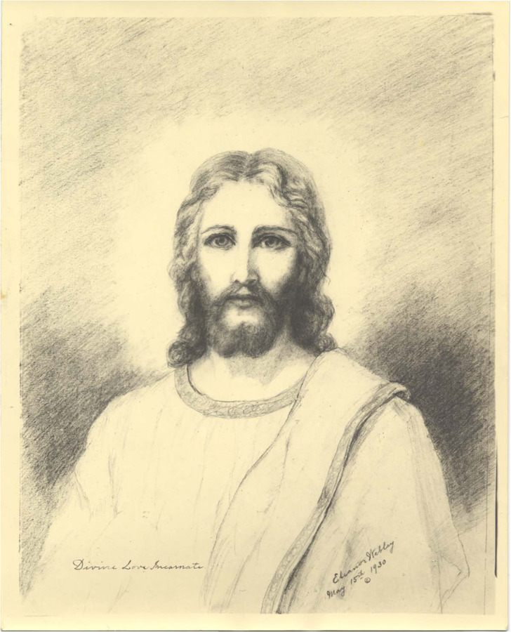 Several free-hand pencil drawings at various sizes of Jesus Christ either with a garment over his shoulder or without, accompanied by either handwritten or typed messages indicating the pictures are photographs of free-hand pencil drawings by Mrs. Eleanor Webley and printed by Miss Gertrude Clarke.