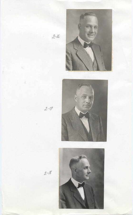 Three wallet size portrait photographs of Young Frank. B. Robinson wearing a three piece suit and bowtie, facing the camera in two of the three photographs.