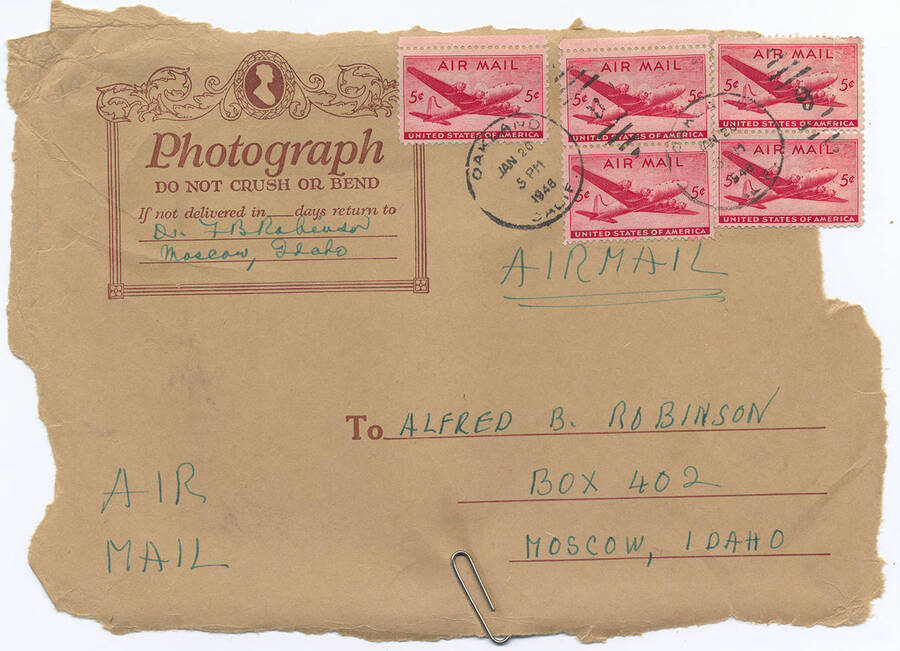 Photograph of a brown paper label torn from a package used to mail a photograph from Frank B. Robinson to Alfred B. Robinson, including addresses and postage.
