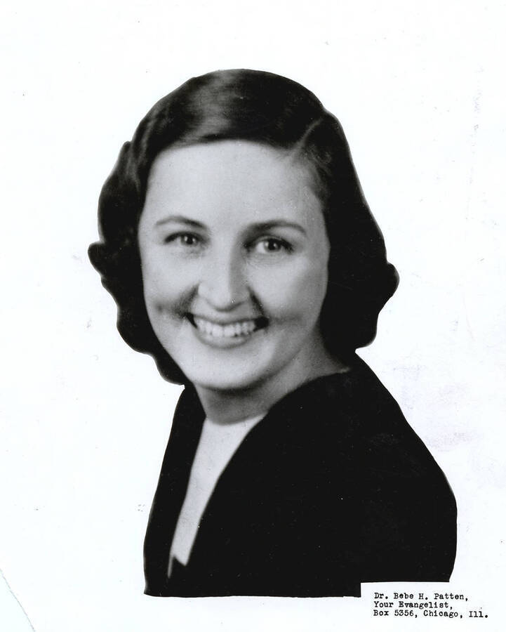 Portrait depicts Rev. Bebe H. Patten with her name, credentials, PO Box address, and the words 'Your Evangelist' in the lower right corner.