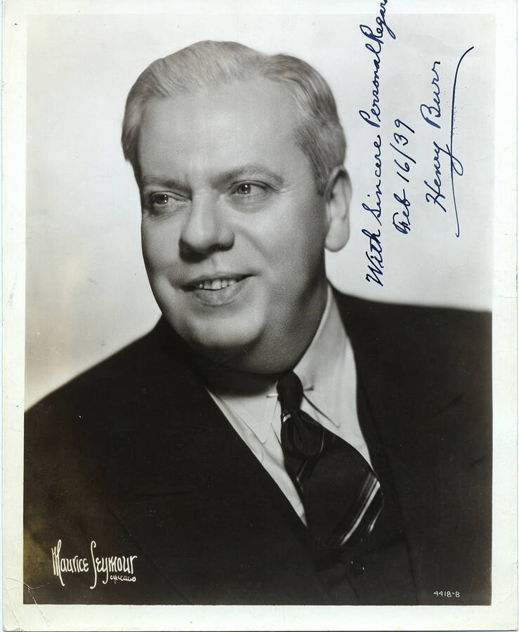 Portrait depicts Canadian Pop Singer Henry Burr in a suit and tie with the words 'With Sincere Personal Regard, Feb 16/39' and Burr's signature.