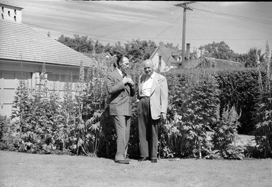 Photograph depicts older Frank B. Robinson standing outside in front of bushes with his adult son, Alfred B. Robinson.