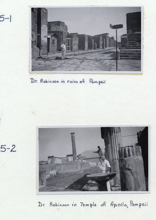 Two Photographs depict Frank B. Robinson touring the stone streets and buildings of Pompeii, including the Temple of Apollo with a stone statue in the background.