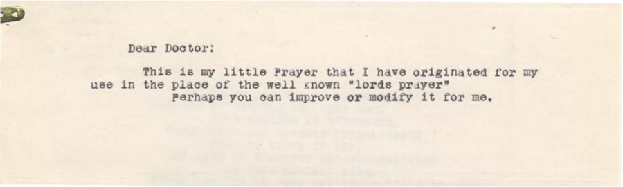 Letter introducing to Frank B. Robinson a short prayer from a Psychiana student written as a variation of the original Lord's Prayer, adding that God and the Kingdom are everywhere.