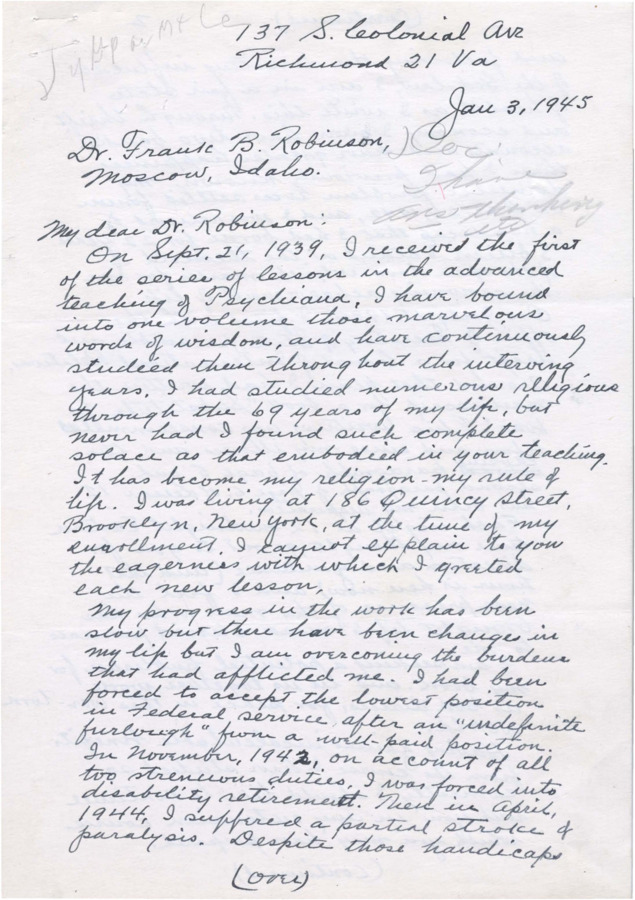 Correspondence between Psychiana and a student who sent a story he wrote about Jesus Christ. Text includes a handwritten letter to Frank B. Robinson proclaiming Markham's acceptance of Psychiana as his new religion and reports events of his life. This letter tells a story about the human side of Jesus Christ and recounts Jesus' life on earth. Proceeding the story is a form letter for Psychiana and addressed envelope.