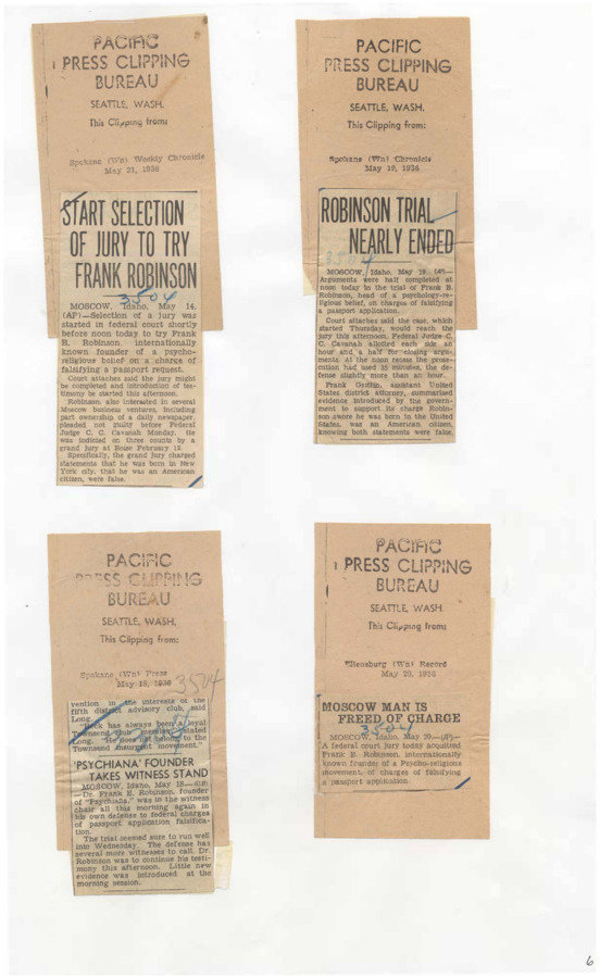 Page 1 clippings following trial of Frank B. Robinson under suspicion of falsifying passport application; Page 2-3 clippings regarding verdict of 'not guilty', acquittal, and witnesses during trial.