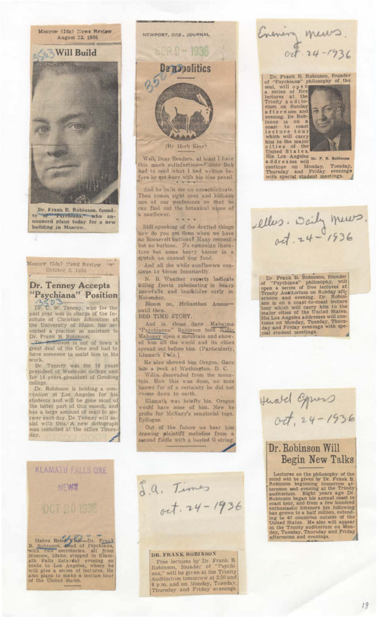 Clippings show growth of Psychiana and Frank B. Robinson's staff, hiring Dr. C.W. Tenney as Robinson's assistant while Robinson gives lectures at various national locations.