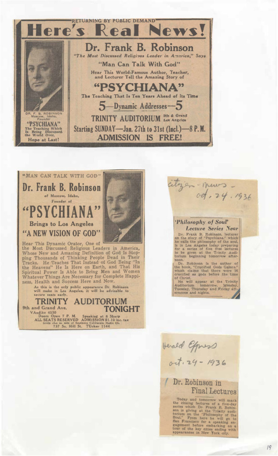 Newspaper advertisements for Psychiana lecture at Trinity Auditorium in Los Angeles