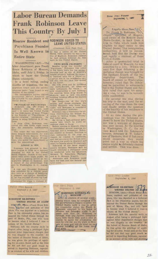 Page 1 clippings about the ordering of Frank B. Robinson to voluntarily depart from the United States by July 1 as ruled by the United States Immigration Board; Page 2 clippings from various national newspapers about Robinson's return to the United States as alien.