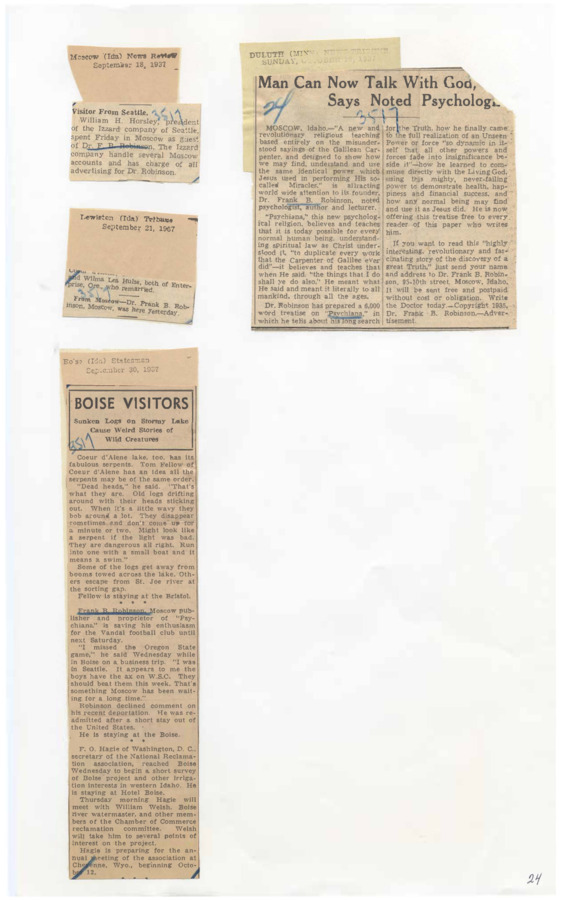 Clippings of Frank B. Robison's business ventures and regional trips; additional clippings of Psychiana doctrine instructing believers to harness the Unseen Power or force Robinson claims Jesus Christ used.