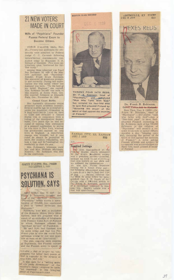 Clippings report the citizenship of Frank B. Robinson's wife Pearl Bey Robinson and to aid Finland in the defeat of Hitler by asking Psychiana followers to throw the power of the spirit of God at Finland's enemies.