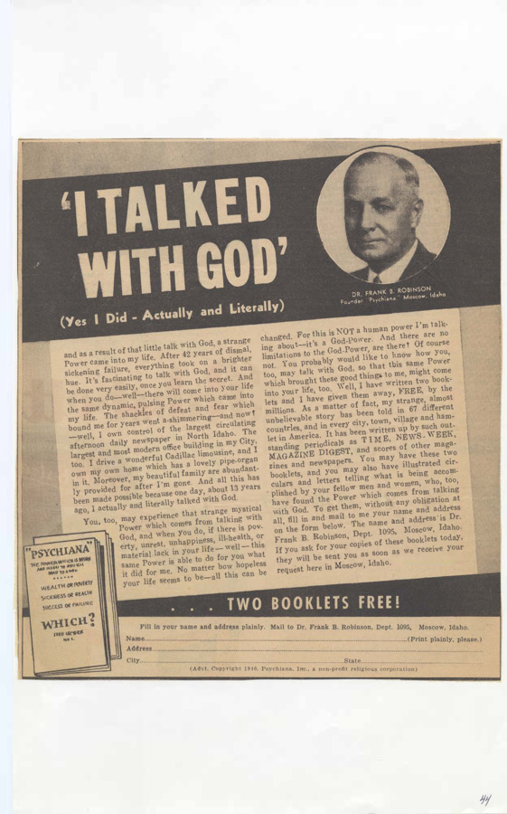 Advertisement printed in newspapers claiming Frank B. Robinson talked with God and can offer followers the God-Power if they inquire via mail to Psychiana headquarters in Moscow, Idaho.