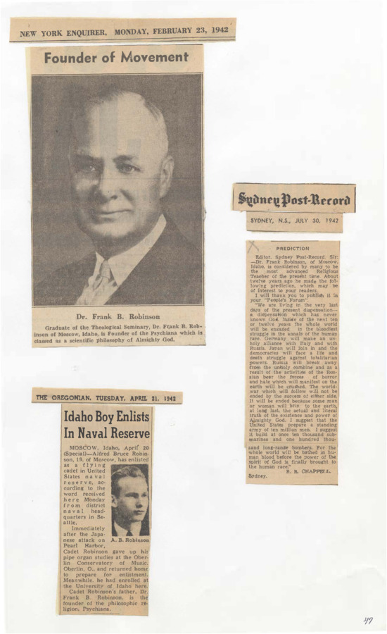 Portrait of Frank B. Robinson and clippings recount Robinson's predictions about World War II and reports that Alfred Bruce Robinson, Frank B. Robinson's son, enlisted in the United States naval reserve.
