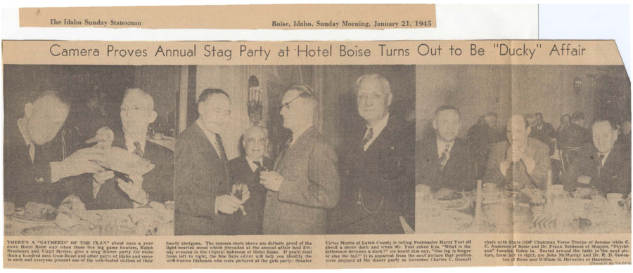 Clipping includes photographs of a dinner party at Hotel Boise thrown by big game hunters; Frank B. Robinson pictured with Idaho Governor Charles C. Gosseett and State COP Chairman Verne Thorpe.