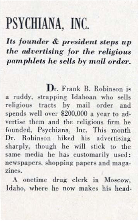Article from Tide Magazine discusses the finances of Psychiana including the amount of money spent on mailing materials, the religion's status as a nonprofit, Frank B. Robinson's salary, and where and how much Robinson spends on advertising.