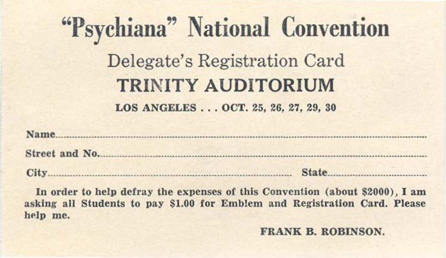 Registration card informs 'Students' of times, dates, and location of the 'Psychiana' National Convention and asks for their name and physical address as well as a contribution of $1.00 to attend.