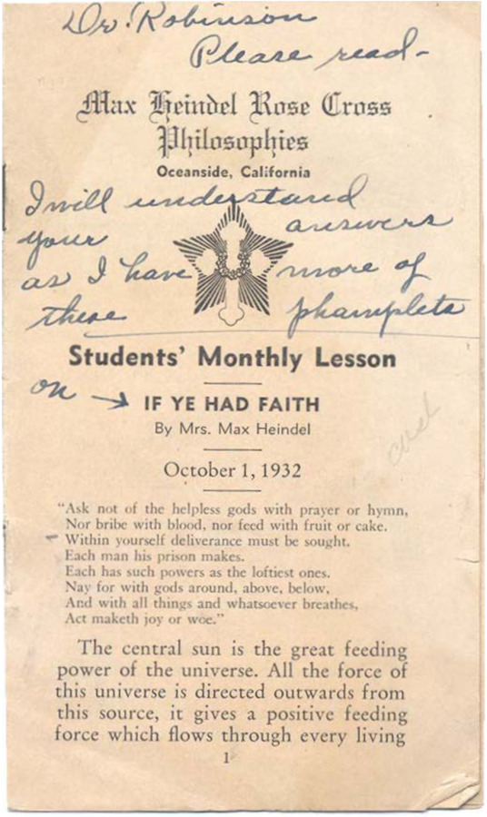 Pamphlet of eight pages relaying to students the lesson that they have the power of God within them, the God-Power, and that people today are only using a fraction of the power they have within them. Includes several annotations in blue ink.