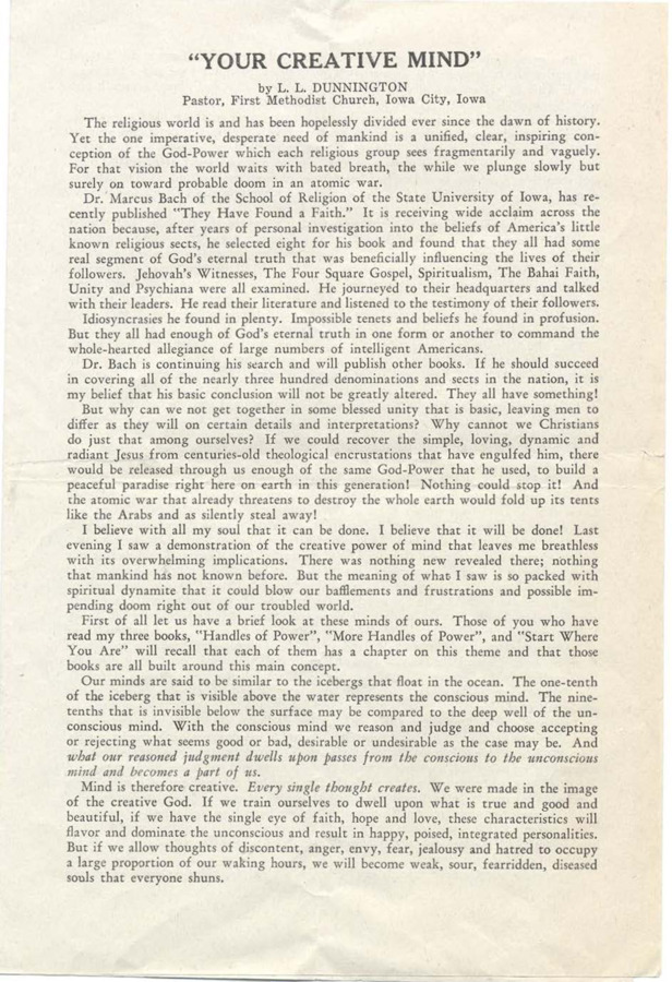 Pamphlet printed by the First Methodist Church in Iowa City, Iowa  presents the dilemma of fundamental differences in Christian sects on the concept of the God-Power and announces the publication of the book 'They Have Found a Faith,' which compares tenets of multiple young religions, including Psychiana.