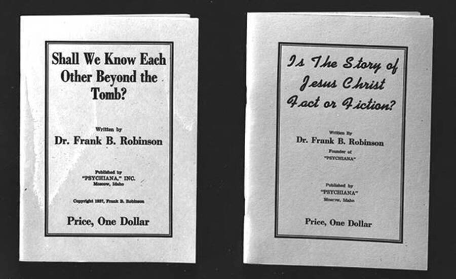 Negative photograph of two pamphlets authored by Frank B. Robinson. Both covers have the title, author, price, copyright information, and the press/publishing company listed as Psychiana, Inc.