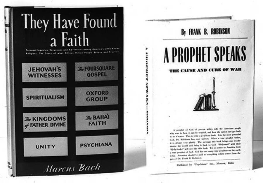Negative photograph of Frank B. Robinson's book A Prophet Speaks, published by Psychiana, Inc., side by side with Marcus Bach's book They Have Found a Faith, which includes the word 'Psychiana' on the cover along with many other young religions.