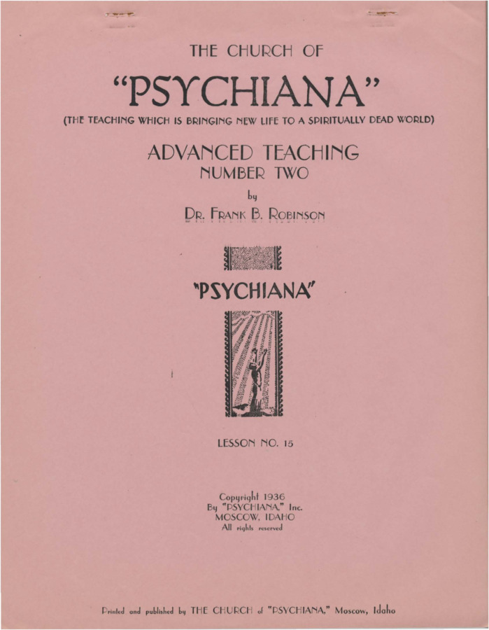 Advanced teaching lesson for students to become teachers of Psychiana and spread it to others. Lesson continues discussion of creation, focusing on the connection between the spiritual and material worlds. Robinson discusses the Life Spirit, which animates the body, and also stresses that death is the act of the Life Spirit leaving the body because it sees the body failing to take control. Robinson also discusses the brutality of martyrdom and other violent acts in the name of religion.