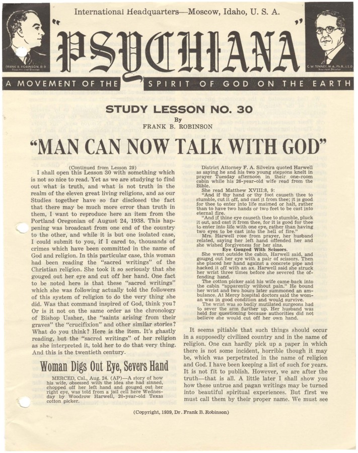 Printed Lesson with formal, typeset header and illustrations of both Robinson and Tenney. Lesson begins quoting a news story of a woman who mutilated herself because she sinned. Robinson uses this to criticize religion and sin, then discusses stories of the crucifixion from many religions that overlap, which disproves authenticity in one religion or another. Lesson became edited into Advanced Course Number One.