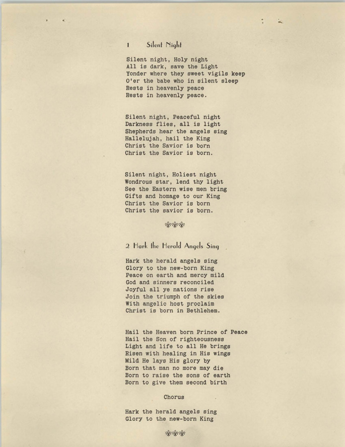 Compiled lyrics of the hymns 'Silent Night' and 'Hark the Herald Angels Sing,' along with the other lesser known hymns 'O Jesus I Have Promised,' 'Do Not Pass Me By,' 'Haven of Rest,' 'Jesus Savior Pilot Me,' 'Let the Lower Lights be Burning,' 'Sometime We'll Understand,' and 'Blest be the Tie That Binds.'