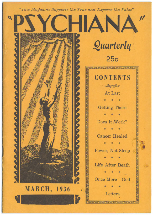 Issue begins with advertisements for Psychiana asking, 'WHAT IS GOD, REALLY?' and contains various articles on Robinson's indictment and deportation from the United States, a story in response to a girl who supposedly slept for five days after a religious ceremony, and the afterlife. Issue also includes a letter from Psychiana student supposedly healed of cancer and other letters.
