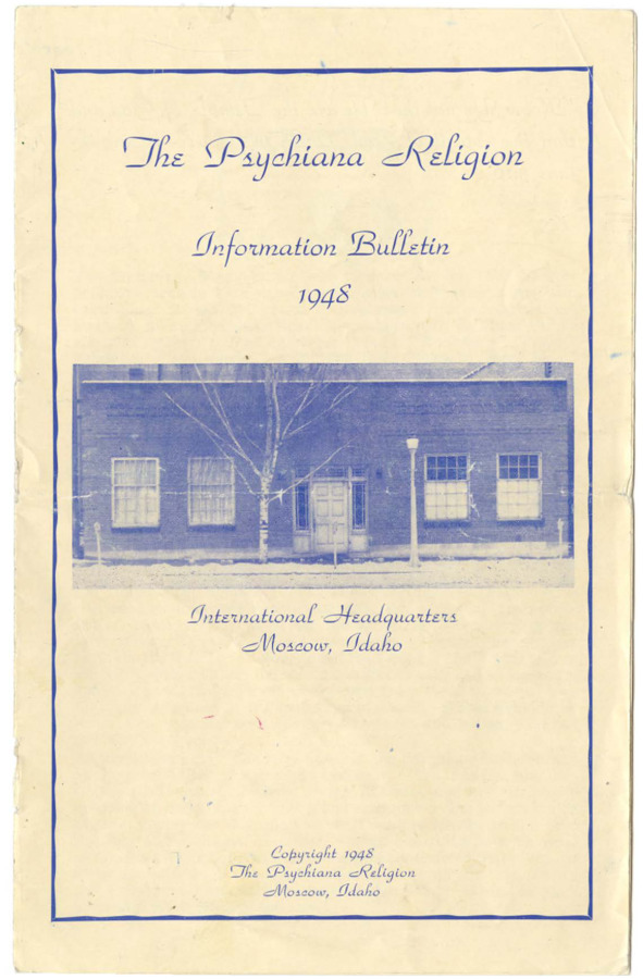 Bulletin focuses on providing a holistic view of Psychiana, including a history of the religion and it's growth through advertising, the location of Psychiana headquarters, people in its administration, its day to day operations including mail, and a summary of the core teachings. Bulletin also includes photos of Frank B. and Alfred B. Robinson.