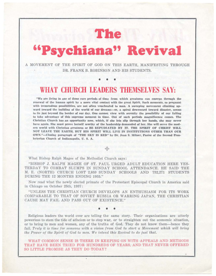 Multi-page mailer includes testimony from church leaders about the apparent status of church attendance and Sunday school attendance, argumentation that the world is on course for destruction and that only Psychiana can save it, history of Dr. Robinson's 'Message,' and a page asking for donations. Packet includes form with blanks to fill in donation amounts, name, date, etc.