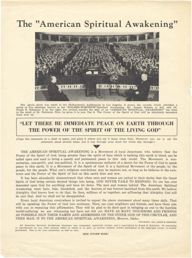 Under the heading 'The 'American Spiritual Awakening'' there is a photograph of Frank B. Robinson and Ernest Holmes sitting in chairs on a stage. The first page invites the reader to repeat daily the prayer 'LET THERE BE IMMEDIATE PEACE ON EARTH THROUGH THE POWER OF THE SPIRIT OF THE LIVING GOD.' The rest of the packet impels the reader to form groups and give donations to Psychiana as he or she is able. Includes donation and group roster/formation form.