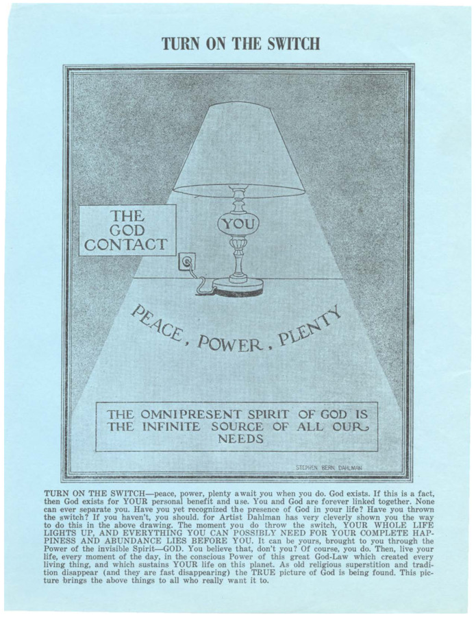 Single-page flyer with an illustration of a lamp with the word 'YOU' on it. Paragraph of text under the illustration that suggests that God may enter a person's life if they merely 'flip the switch.'
