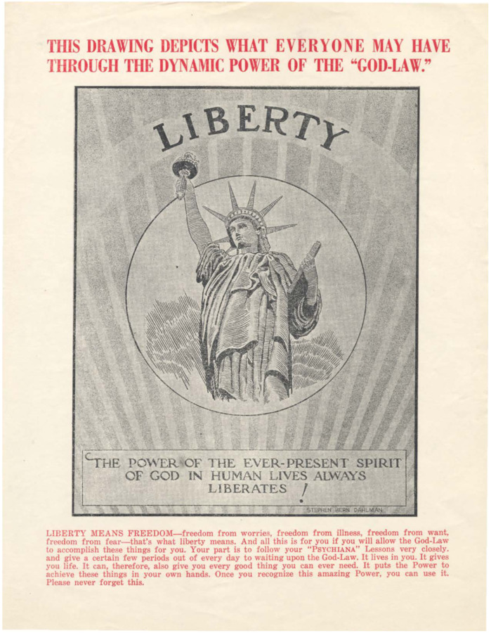 Illustration of the Statue of Liberty. Paragraph follows illustration detailing the ways in which Psychiana can liberate its practitioners.