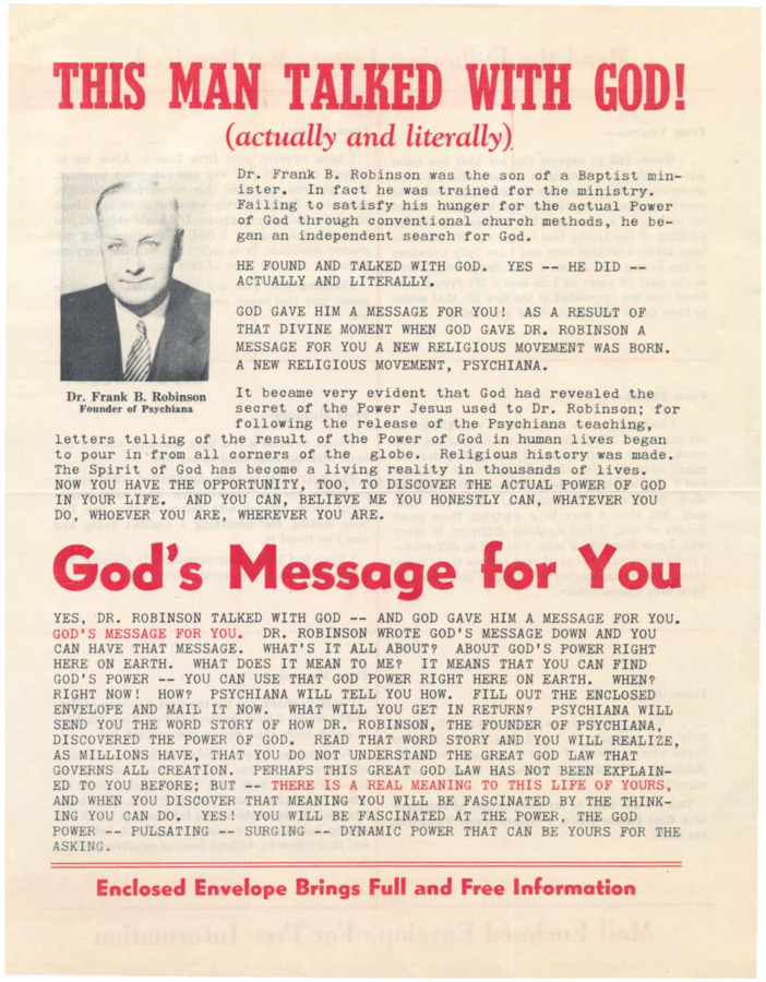 Packet including original envelope, business reply envelope, and a double-sided page with information about how Robinson talked with God and testimony from students on the back.