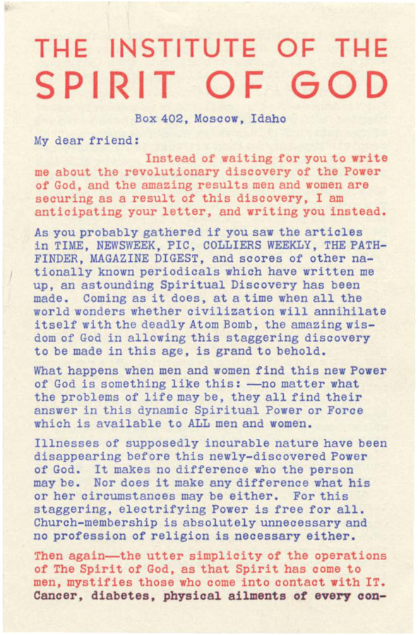 Form letter from Robinson with standard recruitment enticements and details about the history and practice of Psychiana. Final page is an application for membership. Uses red and blue font.