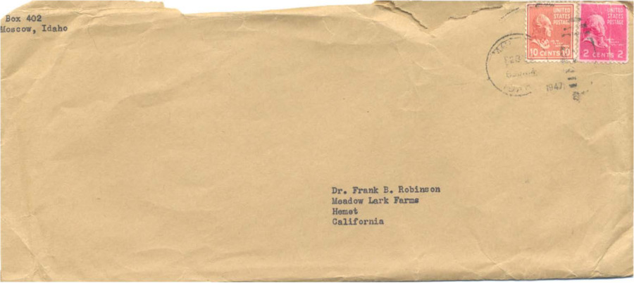 Envelope addressed to Robinson at a California address. Letter inside is personal correspondence to Robinson and refers to the contents of the envelope, which are sample mailers, flyers, and a sheet of monthly sales information calculating totals of Psychiana materials and Robinson's writings sold.