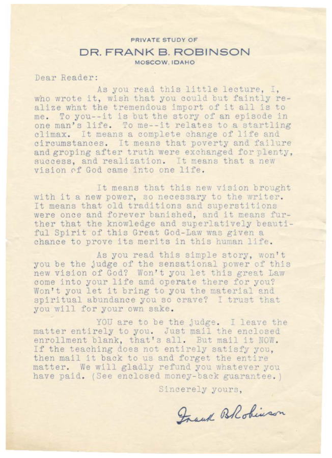 Letter written by Frank B. Robinson to accompany a lesson and attempting to relay the importance of the lesson to whomever reads it.